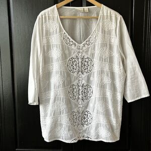 Chico's Top Size XL (3) Crisp White Lace V-Neck Cotton 3/4 Sleeve Coastal Resort